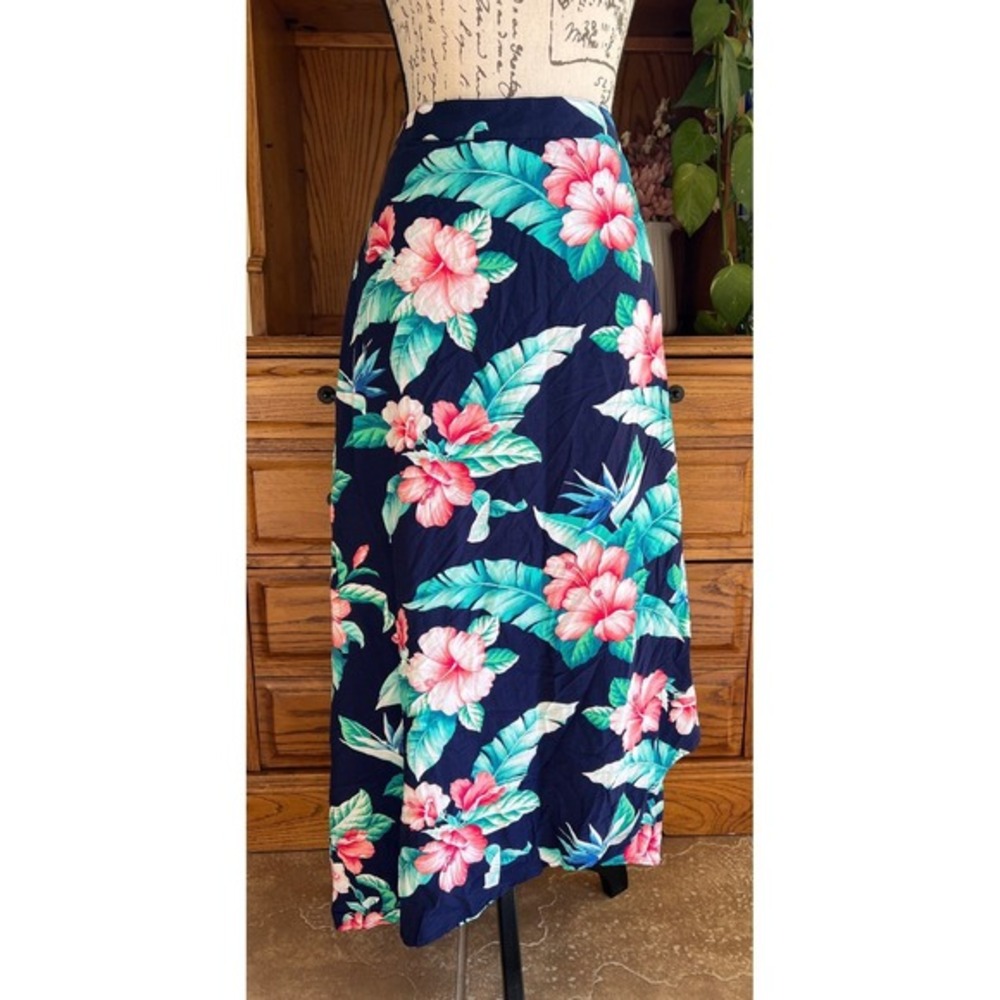 Tommy Bahama Women‎ 14 Navy Blue Tropical Floral Hibiscus Rayon Maxi Skirt